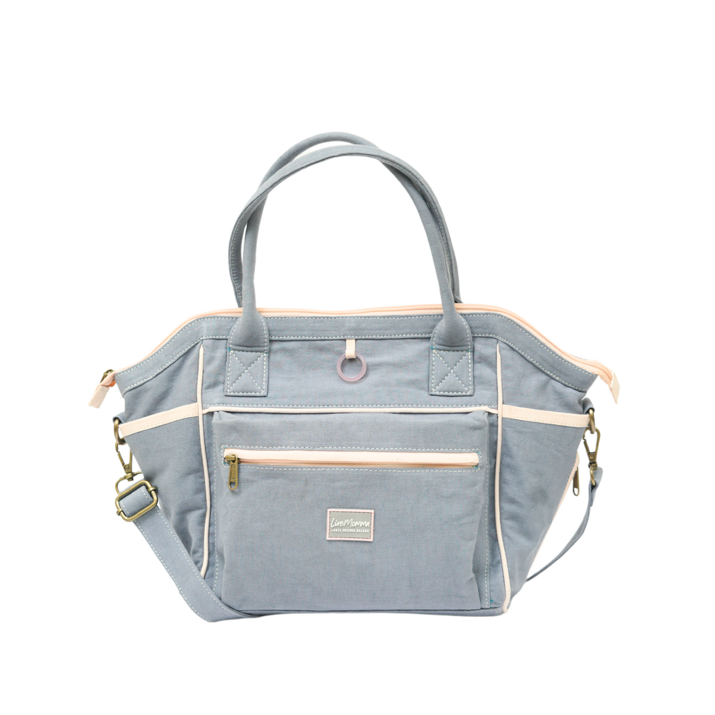 Rose Quartz Healing Hand Bag in Steel Blue and Misty Rose Pink, versatile and stylish for moms and entrepreneurs.