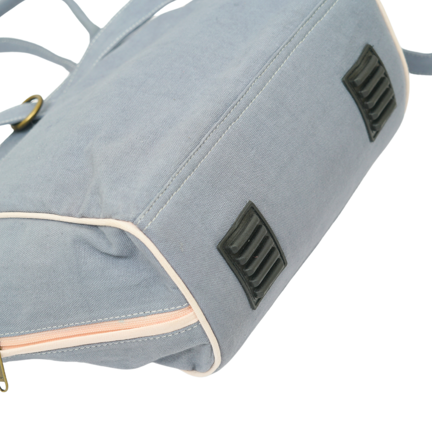Steel Blue and Misty Rose Pink Rose Quartz Healing Hand Bag with sturdy base pads.