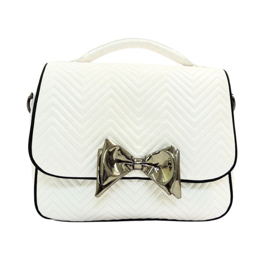 LiveMomma Pookie Handbag — Quilted Elegance with a Bow in Snow White and Glimmer Silver