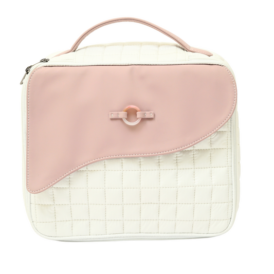 LiveMomma's Rose Quartz Travel and Makeup Bag in Snow White and Poppy Pink with Quilted Design and Rose Quartz Crystal Loop.