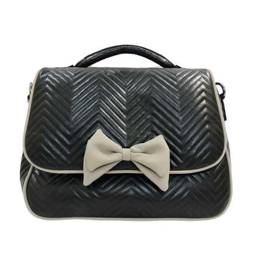 LiveMomma Pookie Handbag — Quilted Elegance with a Bow in Black and Mellow Mocha