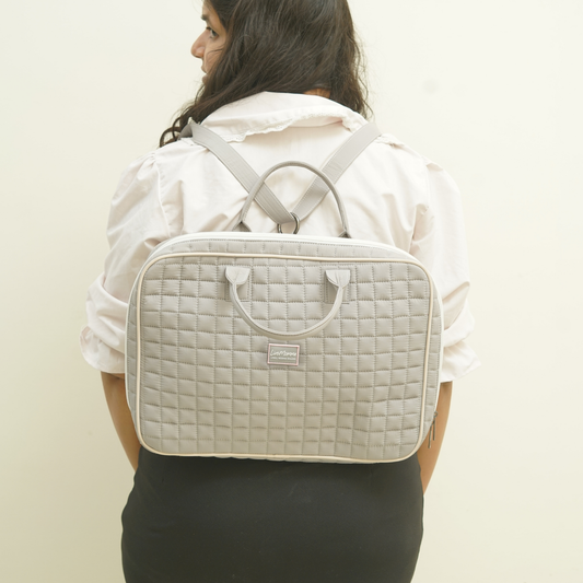 LiveMomma Premium Anywhere Insulation Laptop Bag in Cloud Grey, worn as a backpack, showcasing convertible design.