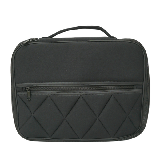LiveMomma Premium Tablet & Office Organizer in solid black with quilted design, front pocket, and handle.