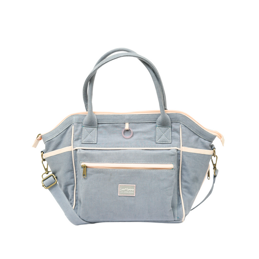 Rose Quartz Healing Hand Bag in Steel Blue and Misty Rose Pink, versatile and stylish for moms and entrepreneurs.